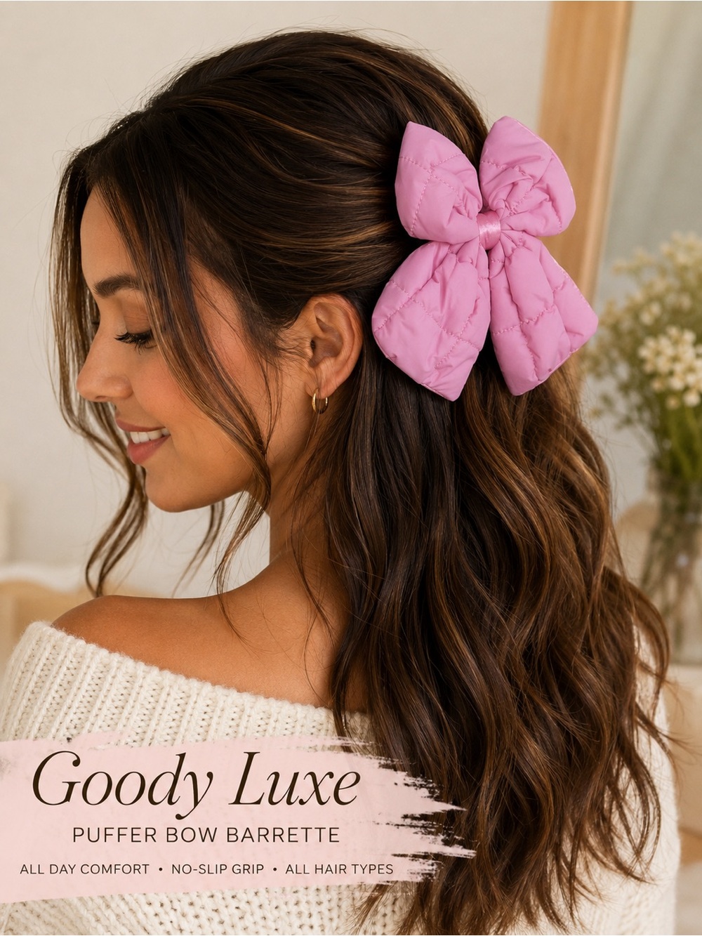Goody Luxe Puffer Bow Barrette Pink Quilted Stay-Tight Hair Clip NWT